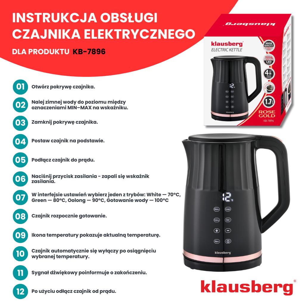 Electric Kettle with Temperature Control 1.7L Cordless Black KLAUSBERG KB-7896