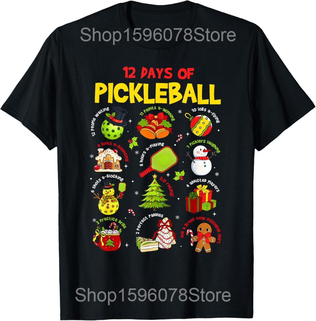 12 Days of Pickleball Christmas Players Season Sport Lover T Shirts Men Streetwear Tee Shirt Short Sleeve Unisex Loose Clothing