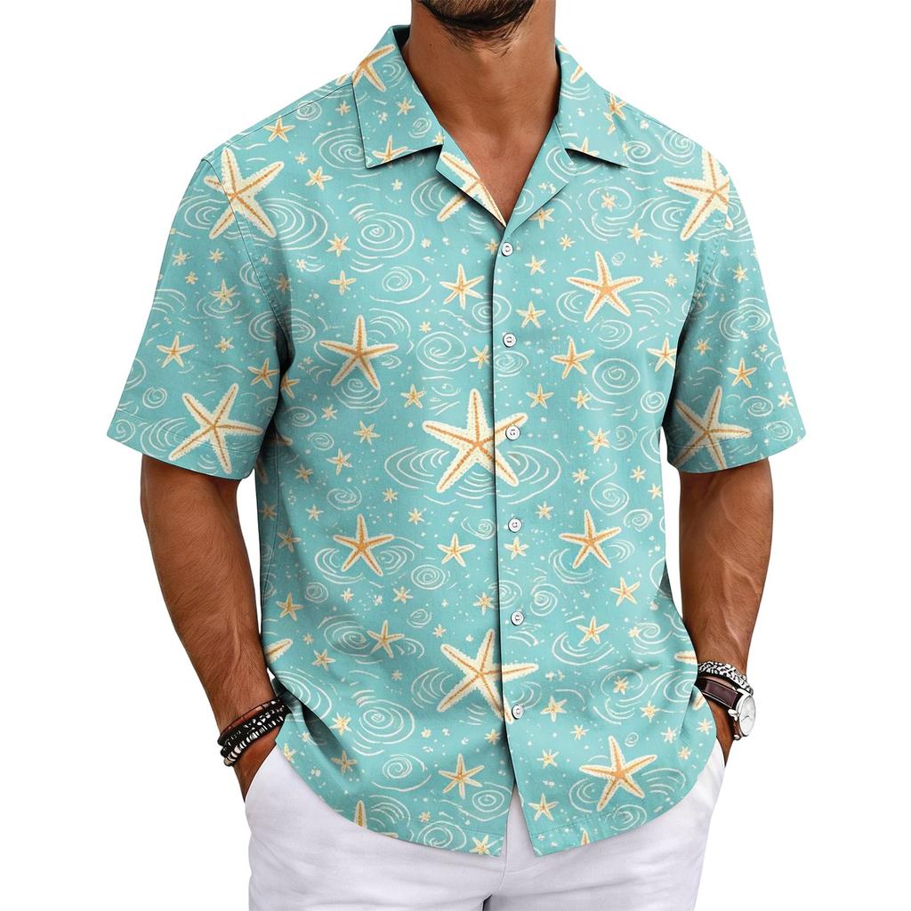 Men's Summer Short Sleeve Cuban Collar Shirt Casual Button Down Lightweight Breathable Beach Shirt with Starfish Print