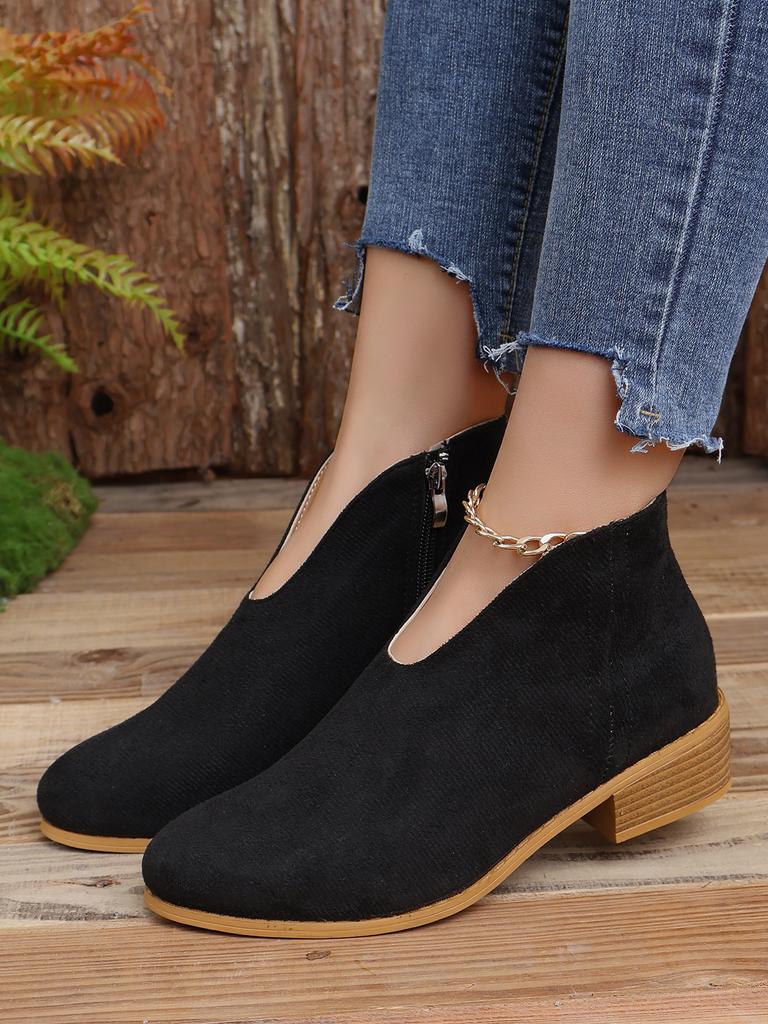 Europäische und amerikanische Übergröße Dicke Ferse Runde Spitze Leopardenmuster Kurze Stiefel Damen Dünner V-Ausschnitt Flacher Boden Einfarbig Wildleder Nackte Stiefel