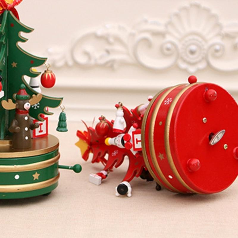 Natural Wood Christmas Tree Rotating Musical Decoration with Figurines Ornaments Holiday Party Centerpieces Music Box