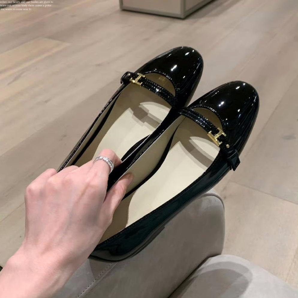 Leather version~ Letter small gold buckle shoes soft sole Mary Jane shoes women's single shoes round head shallow mouth flat bottom evening ladyshoes