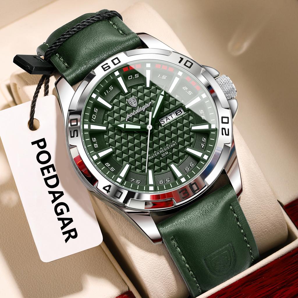 POEDAGAR Original Man Wristwatch Top Luxury Waterproof Luminous Date Week Watch for Men Quartz Sport Leather Watches Reloj