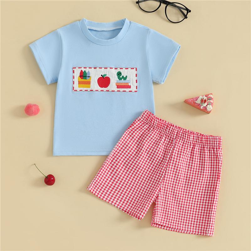 

Baby Boys Back To School Summer Outfits Embroidery Short Sleeve Round Neck T-Shirts with Plaid Shorts 18-24M