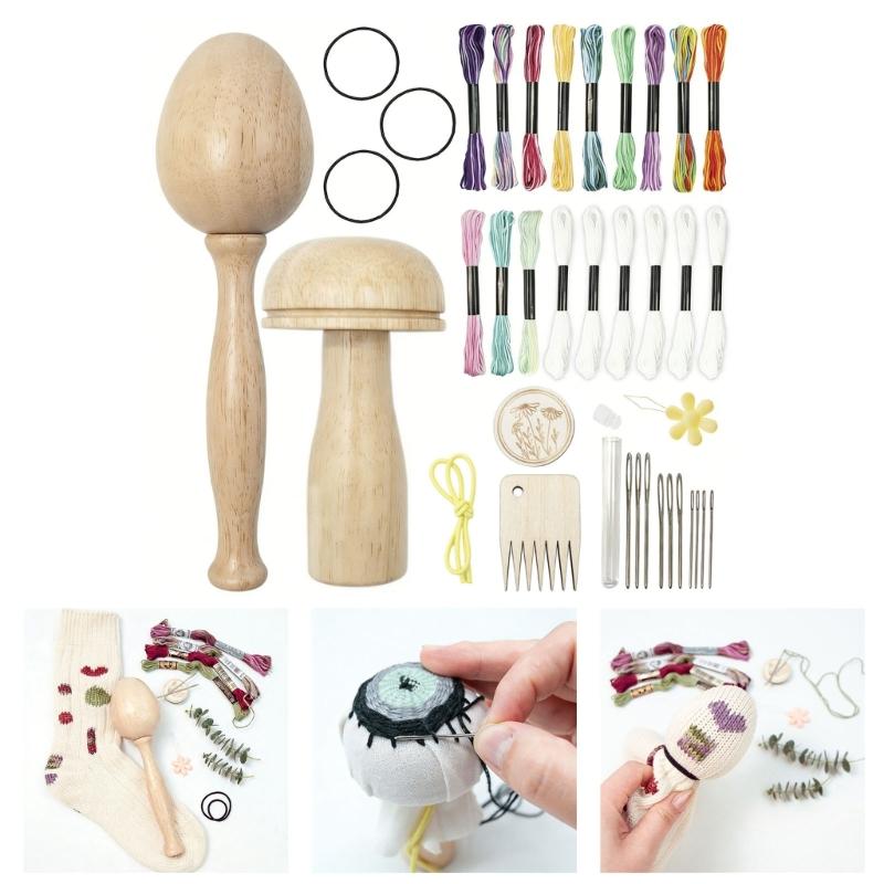 Eggs Shape Wood Mending Tool Wooden Darning Mushroom Set With Large Eye Needle and Colored Thread for Knitting Repair