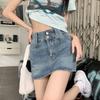 Klassischer Vielseitiger Halbkörperrock Doppel-Schnallen-Design Hochtailliert A-Linie Retro Paket Hüfte Kurzer Rock Hose Damen Sommer Mode Denim Kurzer Rock