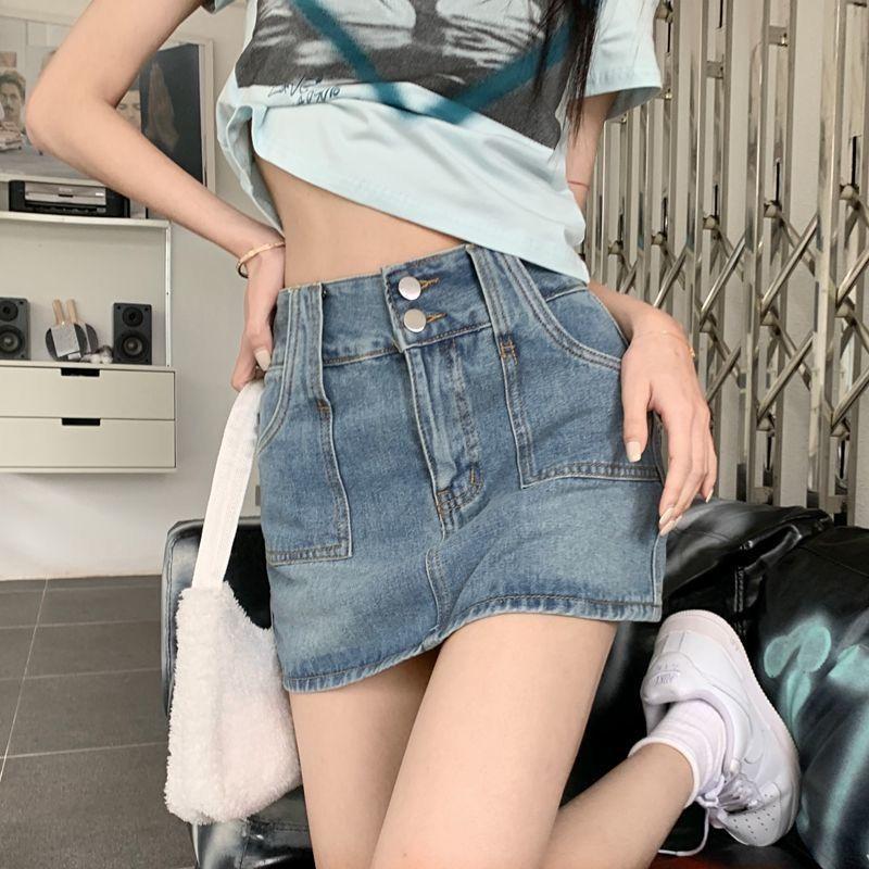 Klassischer Vielseitiger Halbkörperrock Doppel-Schnallen-Design Hochtailliert A-Linie Retro Paket Hüfte Kurzer Rock Hose Damen Sommer Mode Denim Kurzer Rock