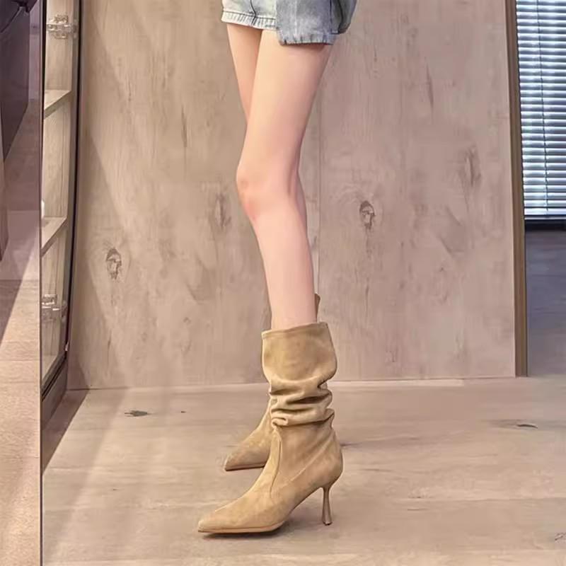 2025 Autumn and Winter New Pointed Short Boots Women's Thin Heel Suede Medium Tube Stacking Boots High Heel Elastic Thin Boots Martin Boots