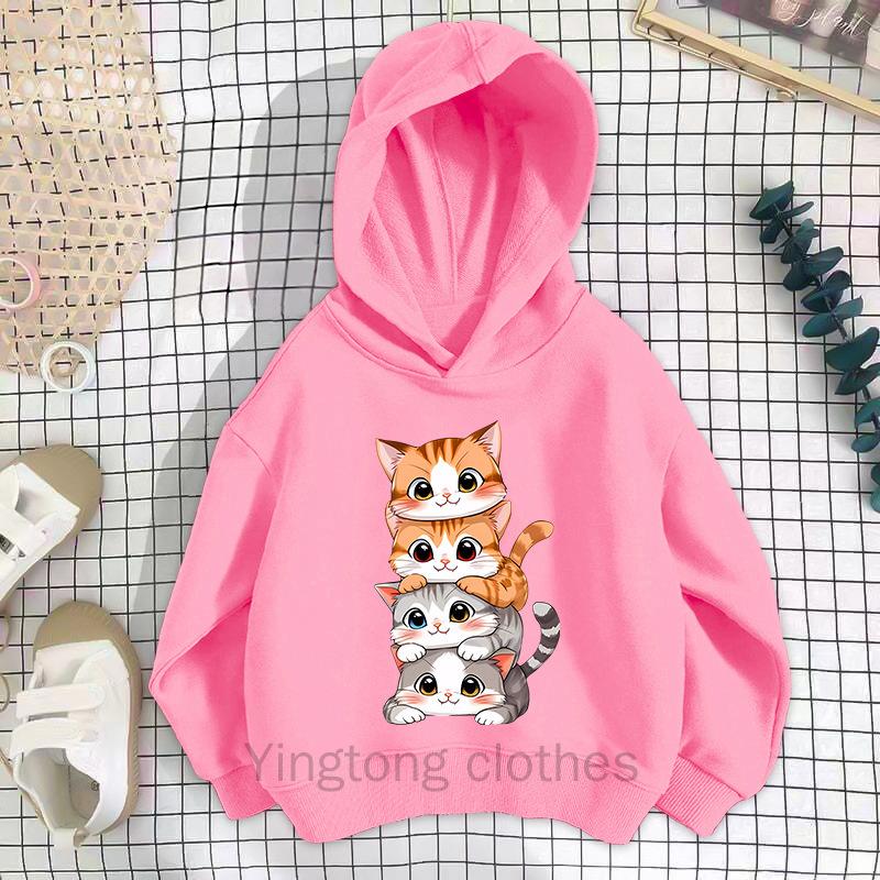 New Unisex Hoodie with Cat Print Long Sleeved Korean Version Children's Top and Stylish Pullover for Children's Clothing