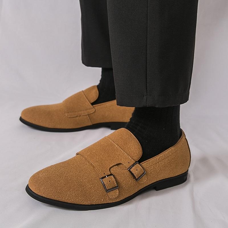 New Arrival Designer Men's Suede Leather Wedding Dress Shoes Male Pointed Driving Monk Strap Loafers Zapatos Hombre