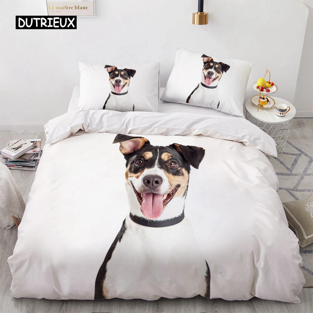 Lovely Animal 3D Bedding Sets White Duvet Quilt Cover Set Comforter Bed Linen Pillowcase King Queen 200*220cm Size Dogs Pets Dog