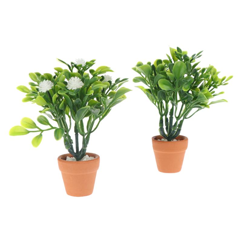 Miniature White Flower Green Plant Potted Ornament Dollhouse Mini Bonsai Model Decoration Micro Scene Layout Pography Props