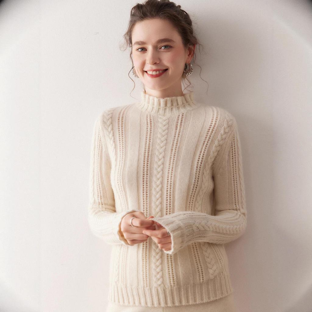 Chic Sequin Stand Collar Cashmere Sweater - Women's Soft Fluffy Knitwear for Autumn/Winter