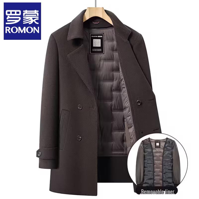 Romon Men's Mid-Length Wool Blend Coat with Detachable Down Liner