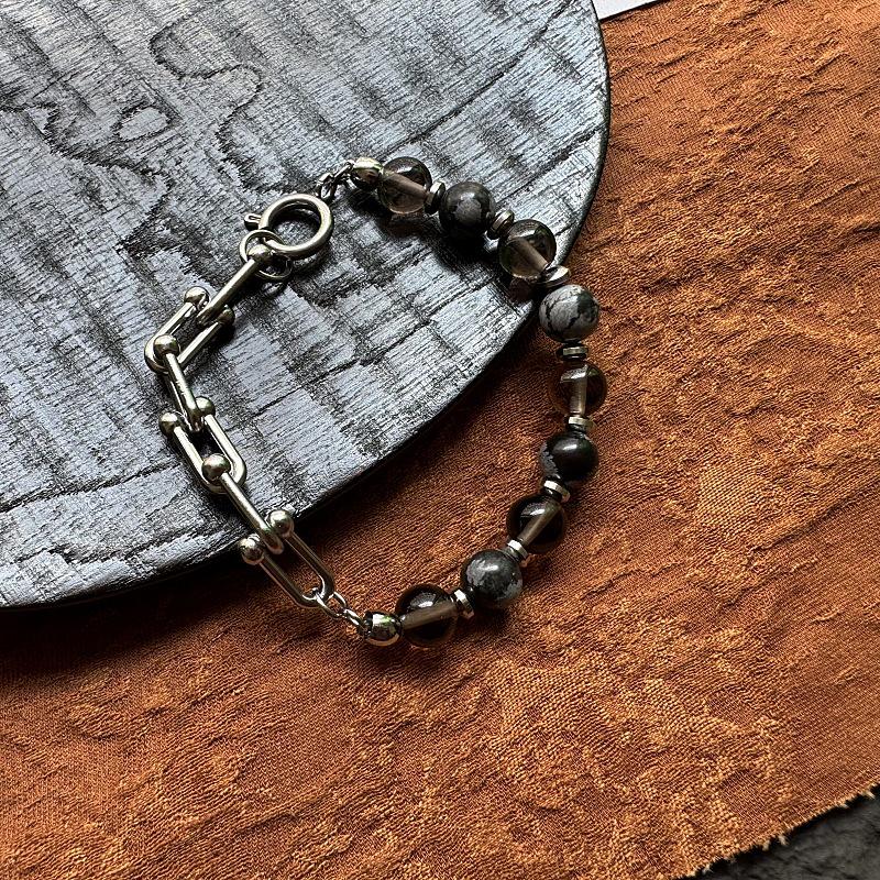 

Унисекс Браслет ручной работы из обсидиана «Снежинка» и нержавеющей стали