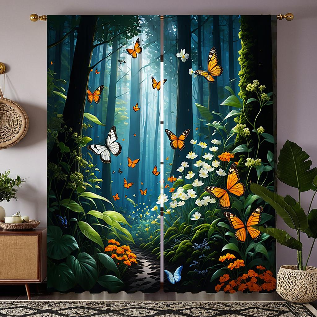 2-piece HD Digital Blue Curtain with Deep Forest View Home Decoration Style Decorate Living Room Bedroom Wear Rod Curtain Effect