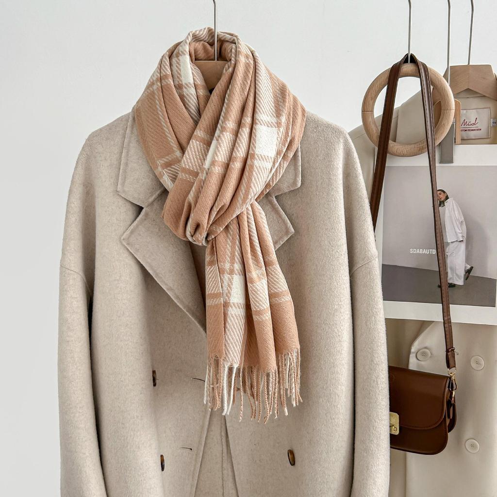 Women's Winter Plaid Imitation Cashmere Tassel Scarf, Thickened Korean Style Neck Warmer