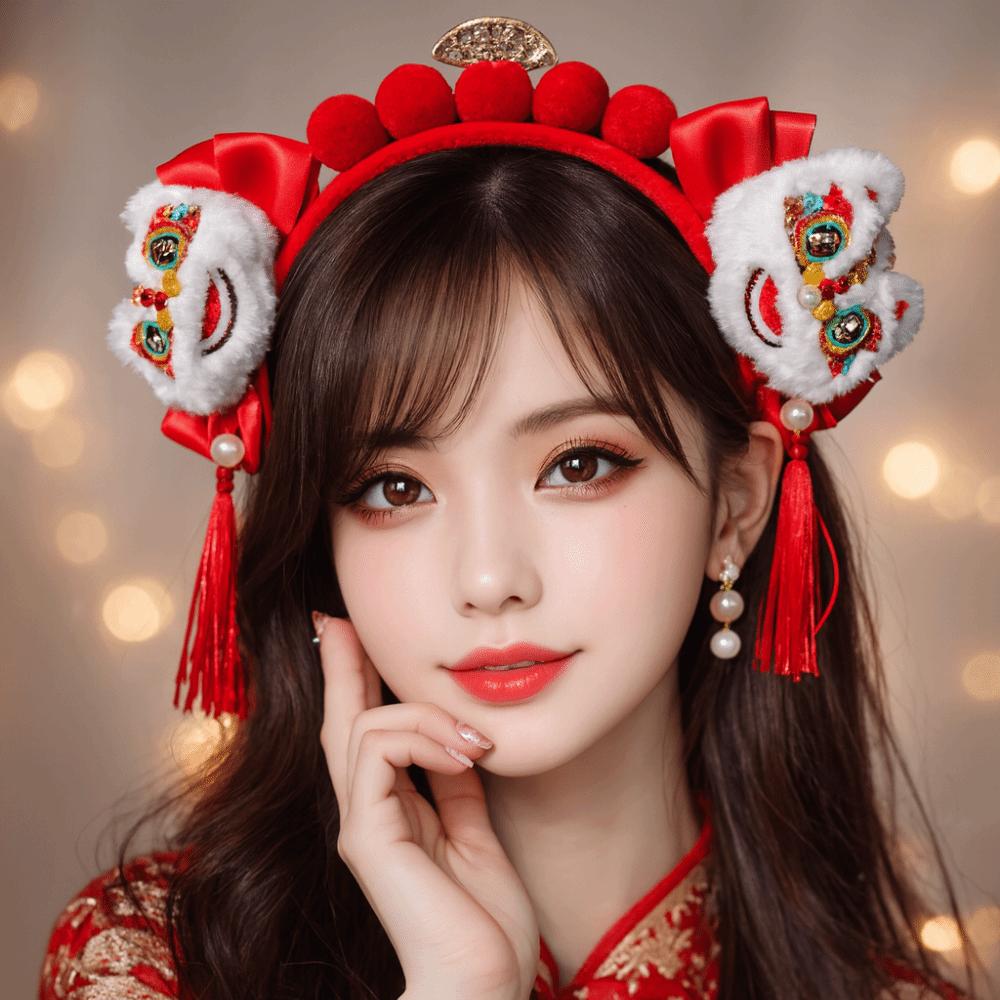 Headwear New Year Hair Hoop Embroidered Bow Ancient Style Hairband Cute Red Plush Headband  Gift
