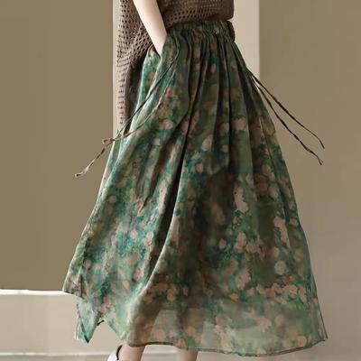Falda Midi Floral Vintage para Mujer Verano 2023 - Algodón Lino Resistente, Diseño Fluido