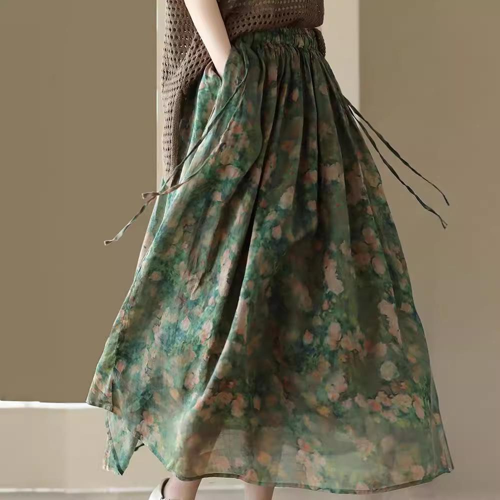 Summer 2023 Women's Vintage Floral Midi Skirt - Heavy Duty Cotton Linen, Flowy Design