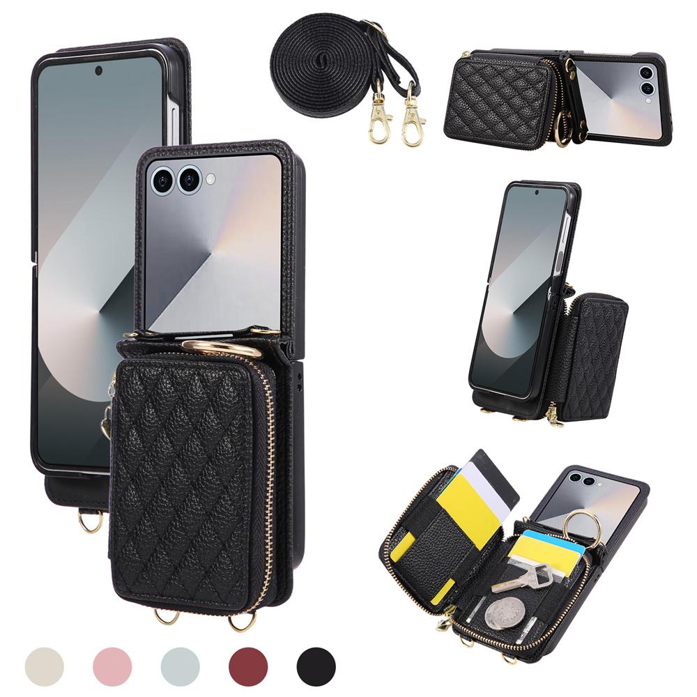 Crossbody Zipper Wallet Card Solt Holder Phone Case for Samsung Galaxy Z Flip 7 6 5 4 3 Flip 7 FE Leather Purse Bracket Cover