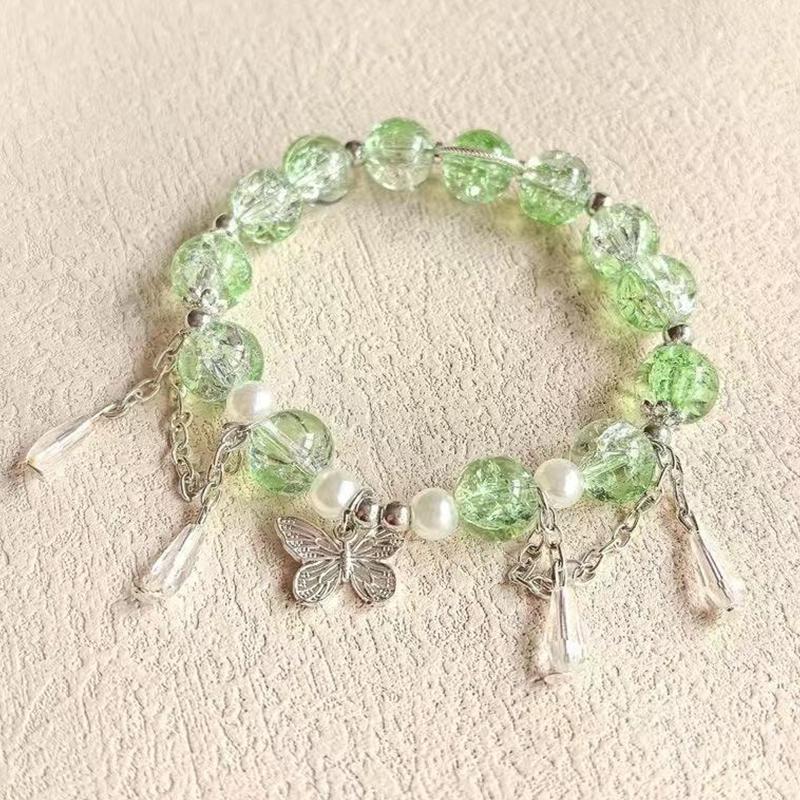 Korean Ins Pink Crystal Butterfly Pendant Beaded Bracelet For Women Girls Sweet Beaded Chain Bracelet Jewelry Gifts