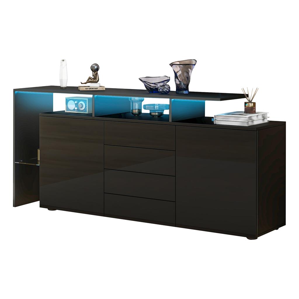Sideboard with LED, Black High Gloss, TV Cabinet, Highboard, Buffet Cabinet for Dining Room