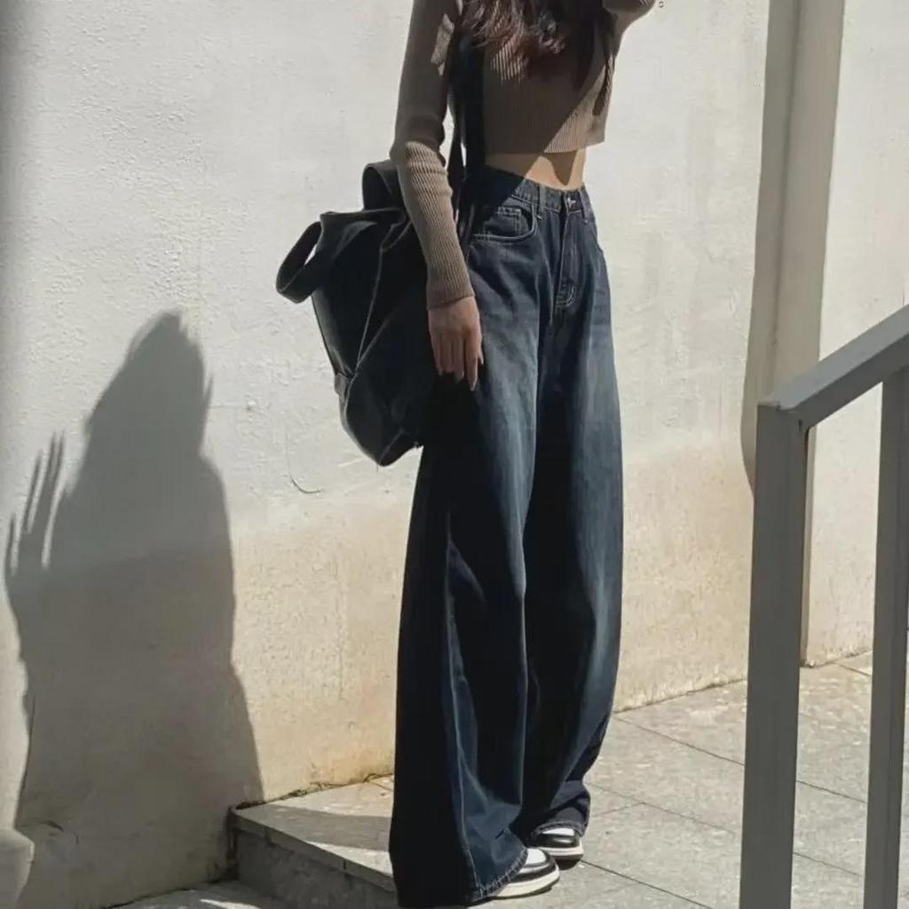 Jesień 2023 Damskie Retro Prane Dżinsy Slim z Wysokim Stanem i Szerokimi Nogawkami