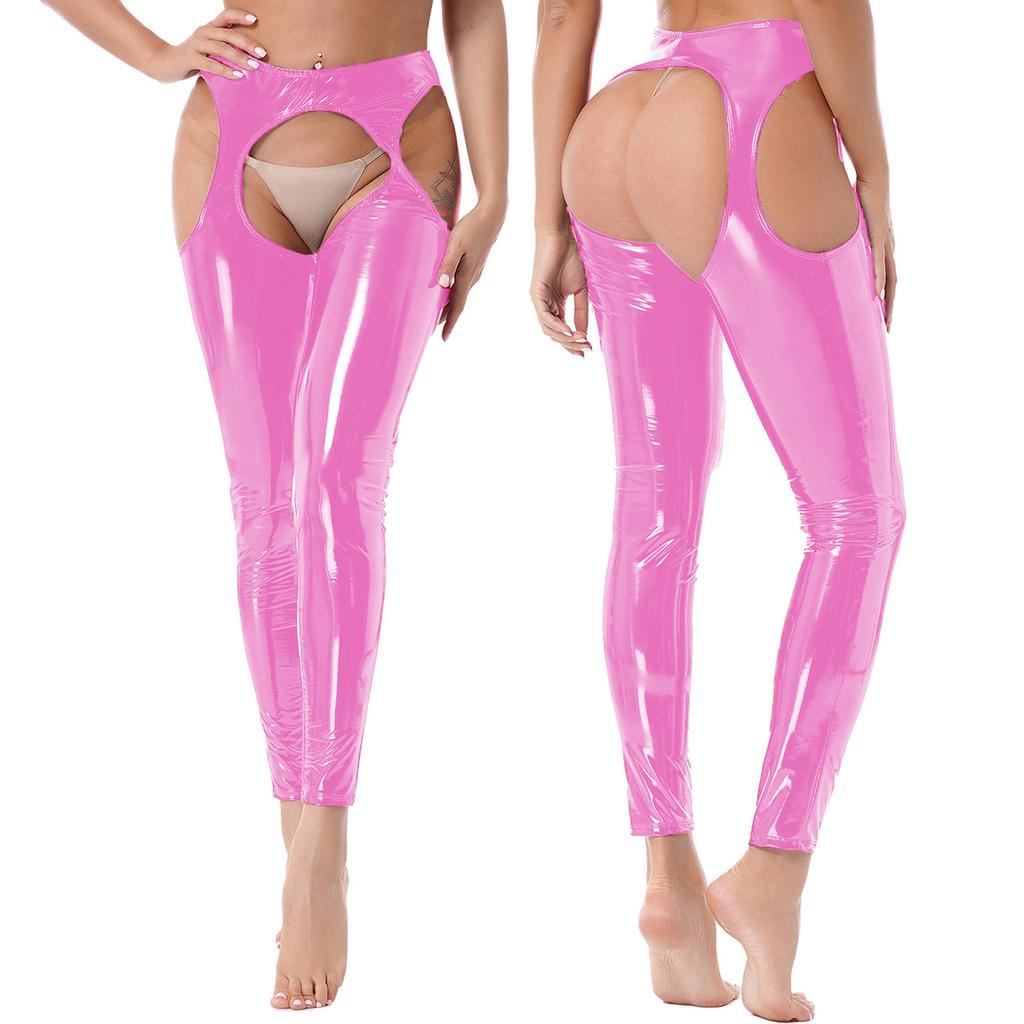 Womens Wet Look High Waist Cutout Leggings Crotchless Open Butt Patent Leather Skinny Pants Clubwear