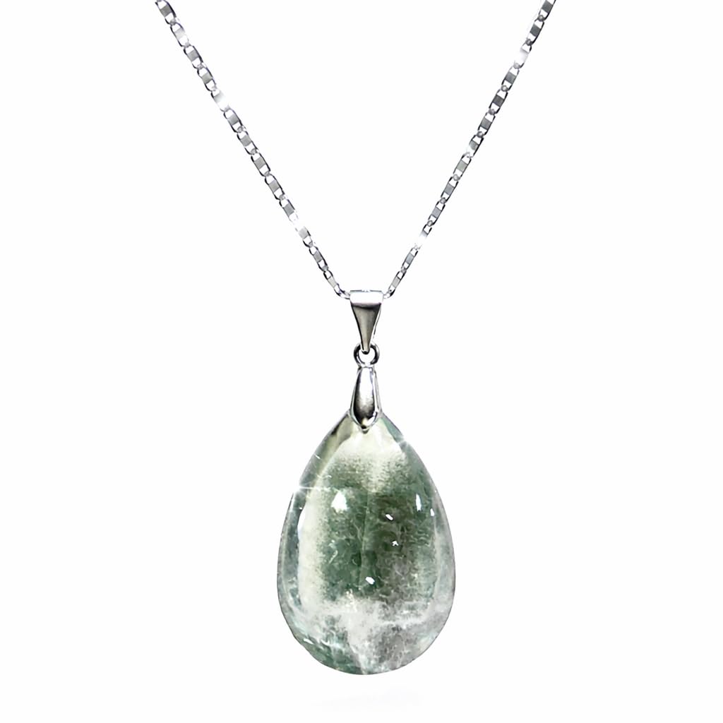 

[Malline] Natural Stone Necklace, Garden Quartz (with Phantom Inclusions), Large Drop Pendant, Sterling Silver 925, Healing, 45cm