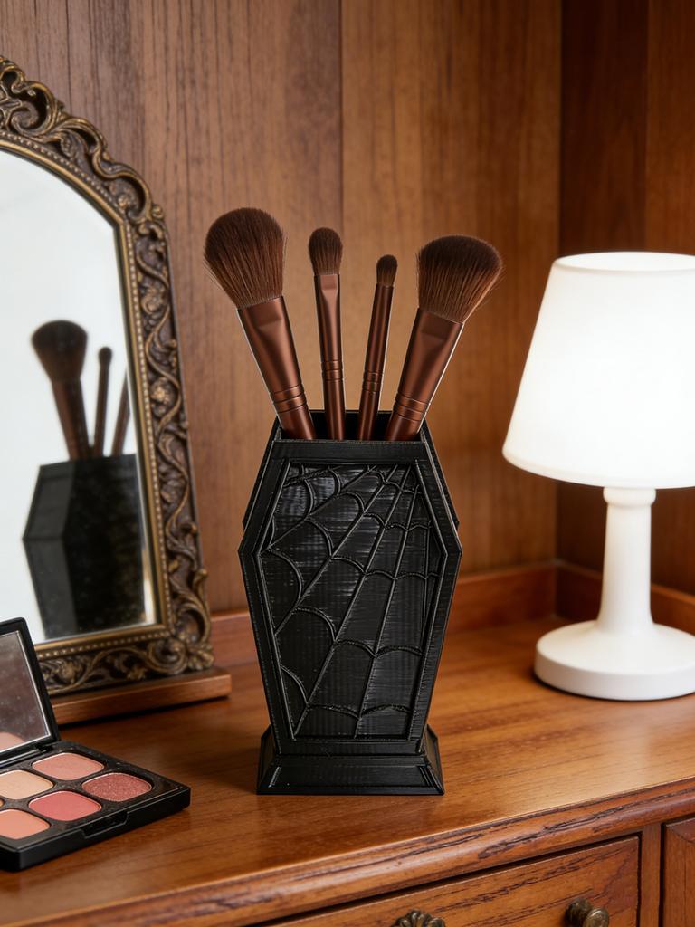 Gotisch Dunkel Halloween Sarg Spinnennetz Make-up Pinsel Aufbewahrungsbox Stifthalter Einzigartiges Spinnennetz Design Dekoration