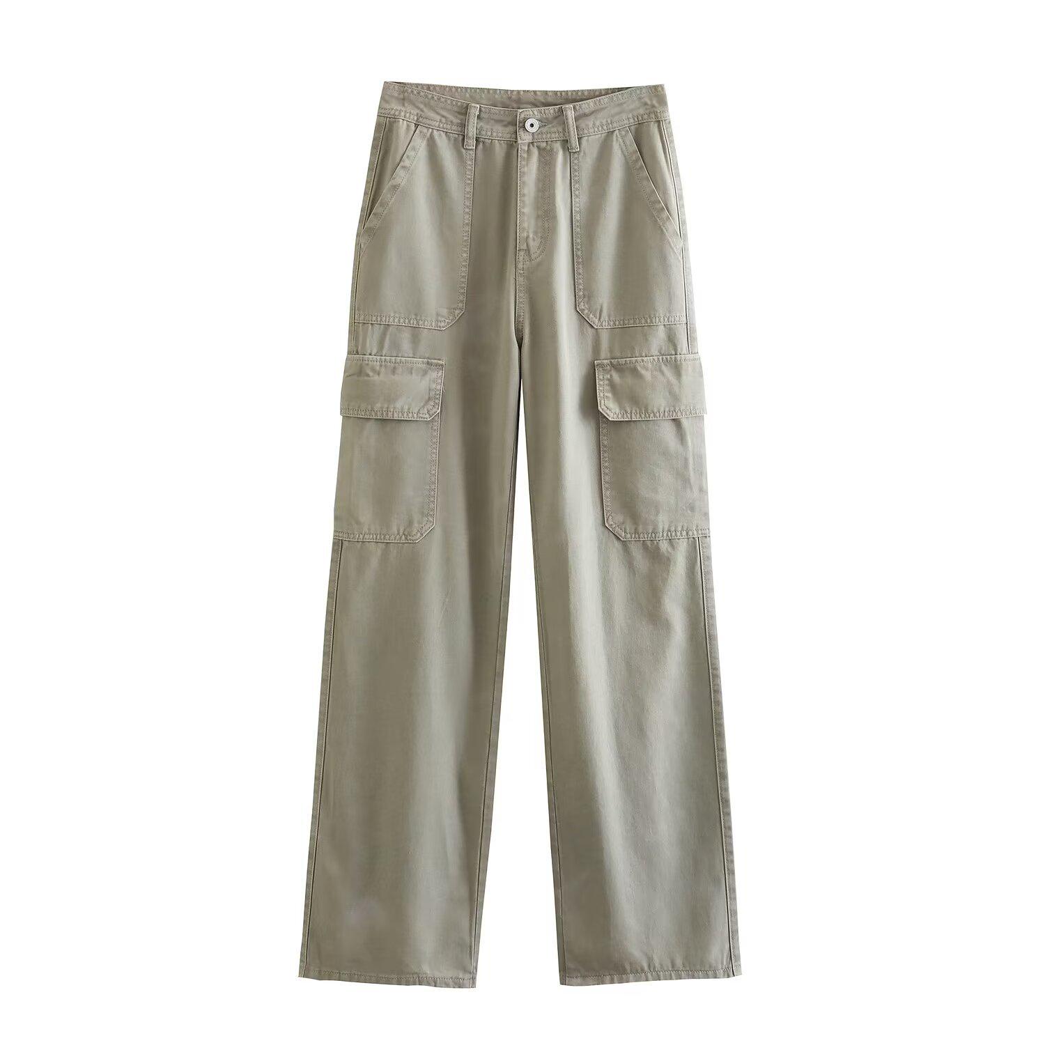 

Ретро брюки карго с высокой посадкой и прямыми штанинами, с карманами - Весенний стиль для женщин Large светло-серый