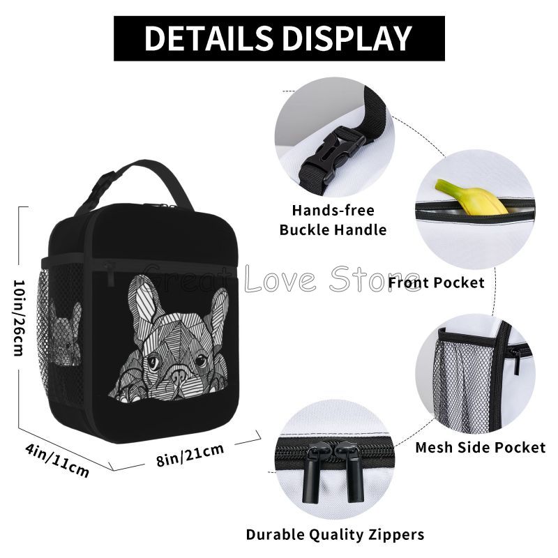 French Bulldog Art Print Portable Thermal Lunch Bag Insulated Lunch Box Reusable Cooler Totes for Women Boys Girls Work Picnic