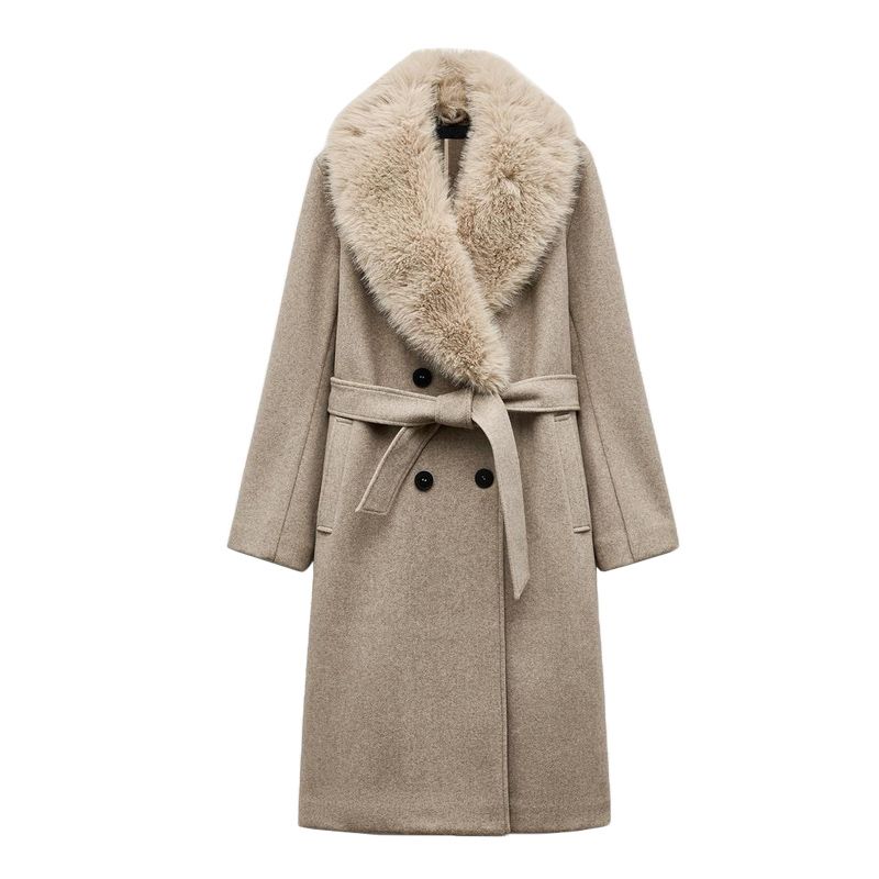 Spring New Arrival Women's Faux Fur Effect with Belt Fashion Polo Collar Coat Outwear 3046353