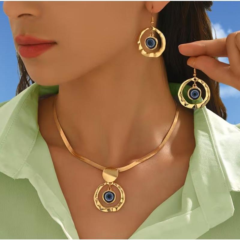 Geometric Hollow Round Turkey Blue Eyes Pendant Necklace Earrings Set Flat Snake Chain Foreign Trade