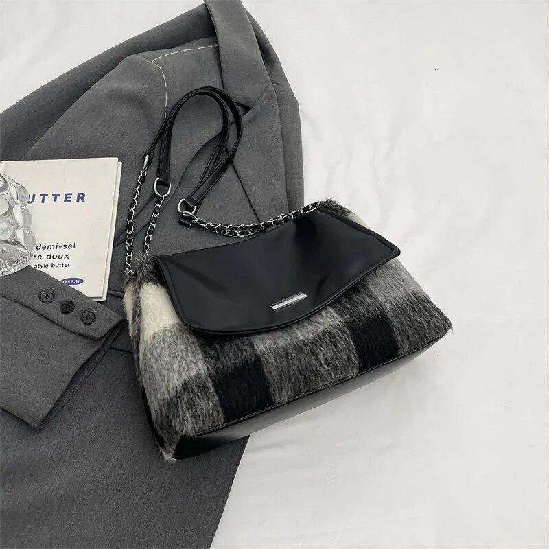 Small Soft Woolen Shoulder Bag for Women 2024 Winter Korean Fashion Female Chain Underarm Bag Handbags and Purses