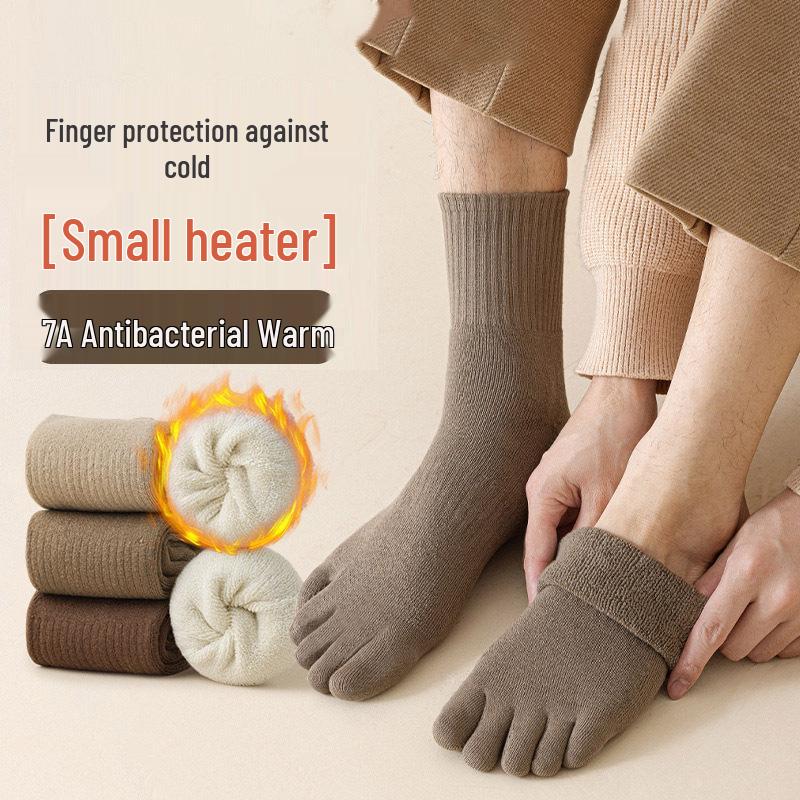 Men's Five-Finger Cotton Toe Socks - Thick, Velvet, Mid-Tube, Sweat-Absorbent, Anti-Odor, for Autumn and Winter.