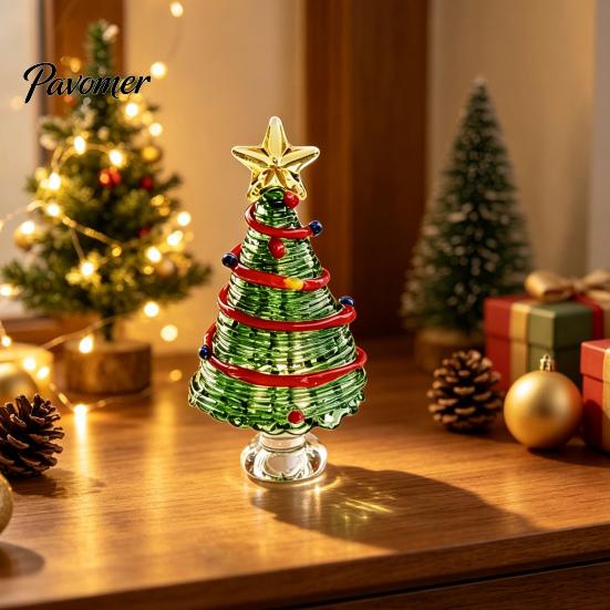 Glass Figurine for Office Glazed Christmas Tree with Star Moon Decor, Rotating Holiday Display Prop Wire Wrapped Desk Mini Tabletop Ornament,