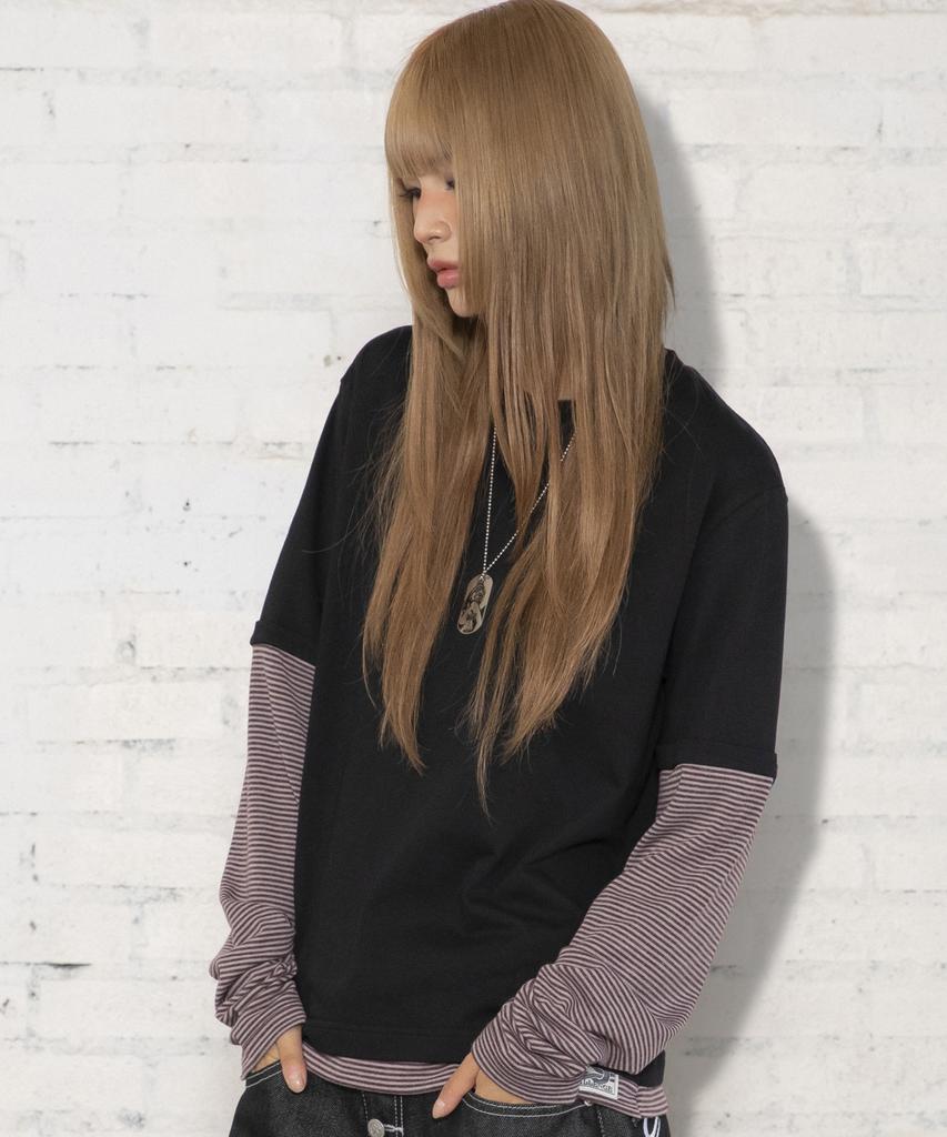 XTONZ Xtt166 Roll-Up Layered Crop Long Sleeve (Stripe Black)