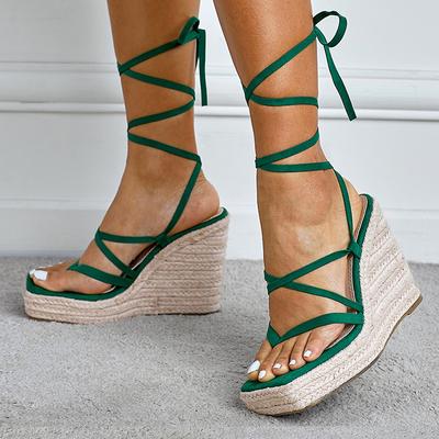 Wedges Heels Platform Sandals Women Summer Green Narrow Band Open Toe Ankle Lace -Up Party Dress Shoes Plataforma