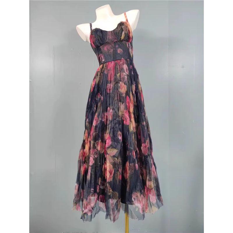 Foreign Trade Order Lu's Sling Elegant Print Mesh Lady Summer Vacation Fashion Elegant Big Hemline Dress