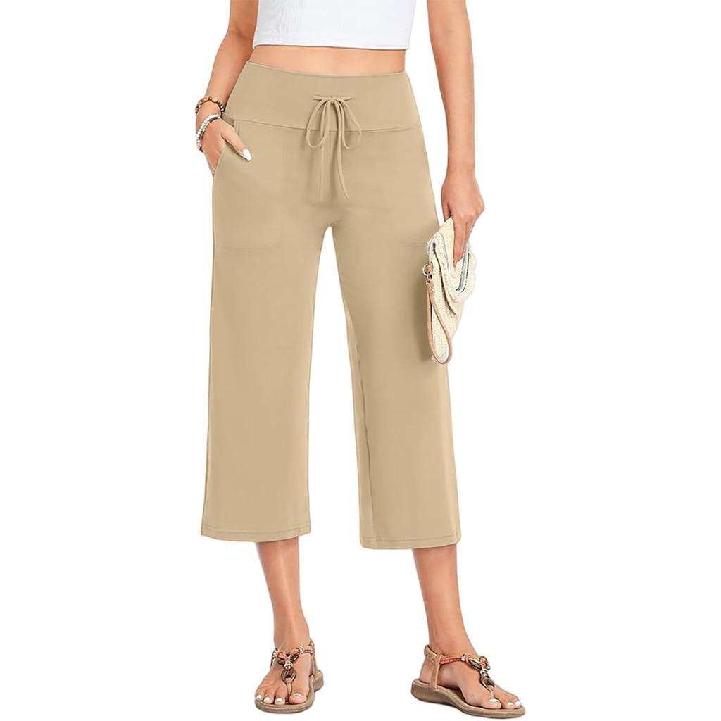 Women Summer Casual Drawstring Waist Wide Leg Cropped Pants with Pockets Lightweight Loose Fit Lounge Capri Trousers for Yoga and Everyday Wear