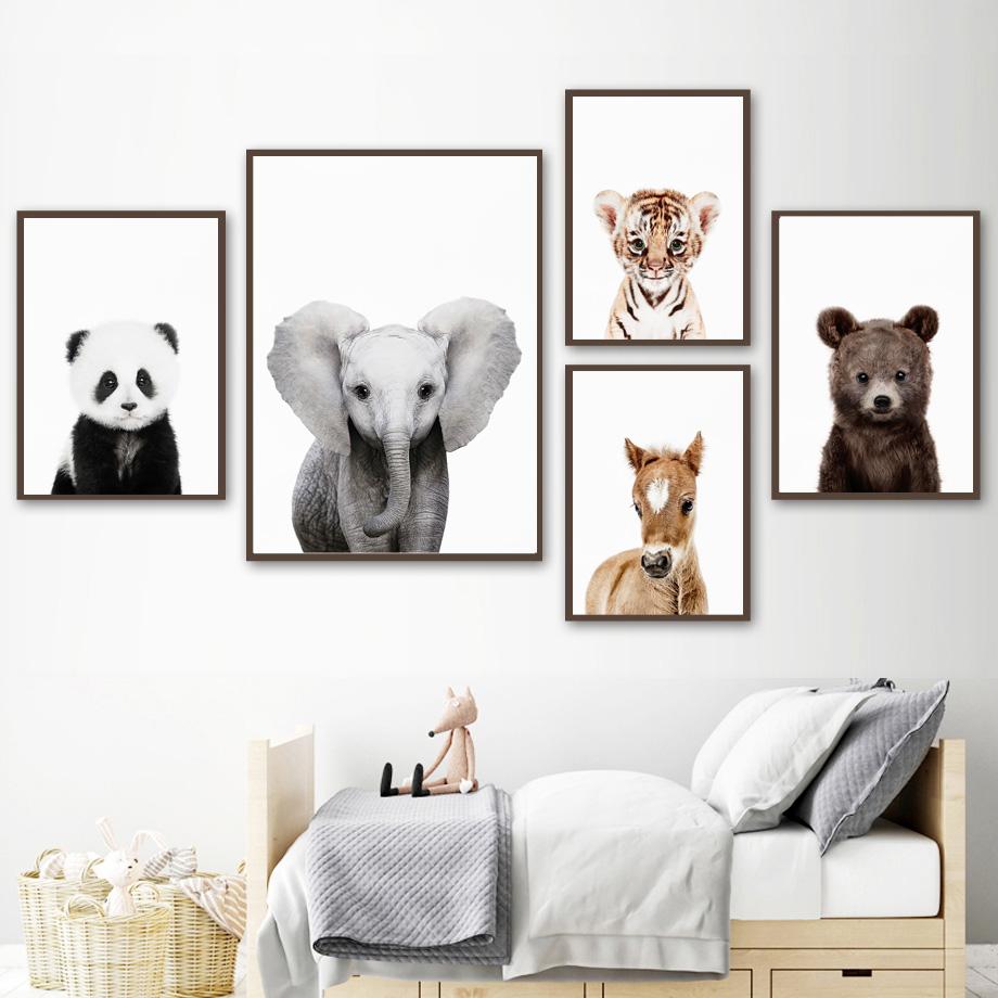 Elefant, Leu, Urs, Girafa, Panda, Tigru, Raton, Imprimare artistica de perete, pictura pe panza, Poster cu pui pentru copii, baieti, fete, decor camera copiilor