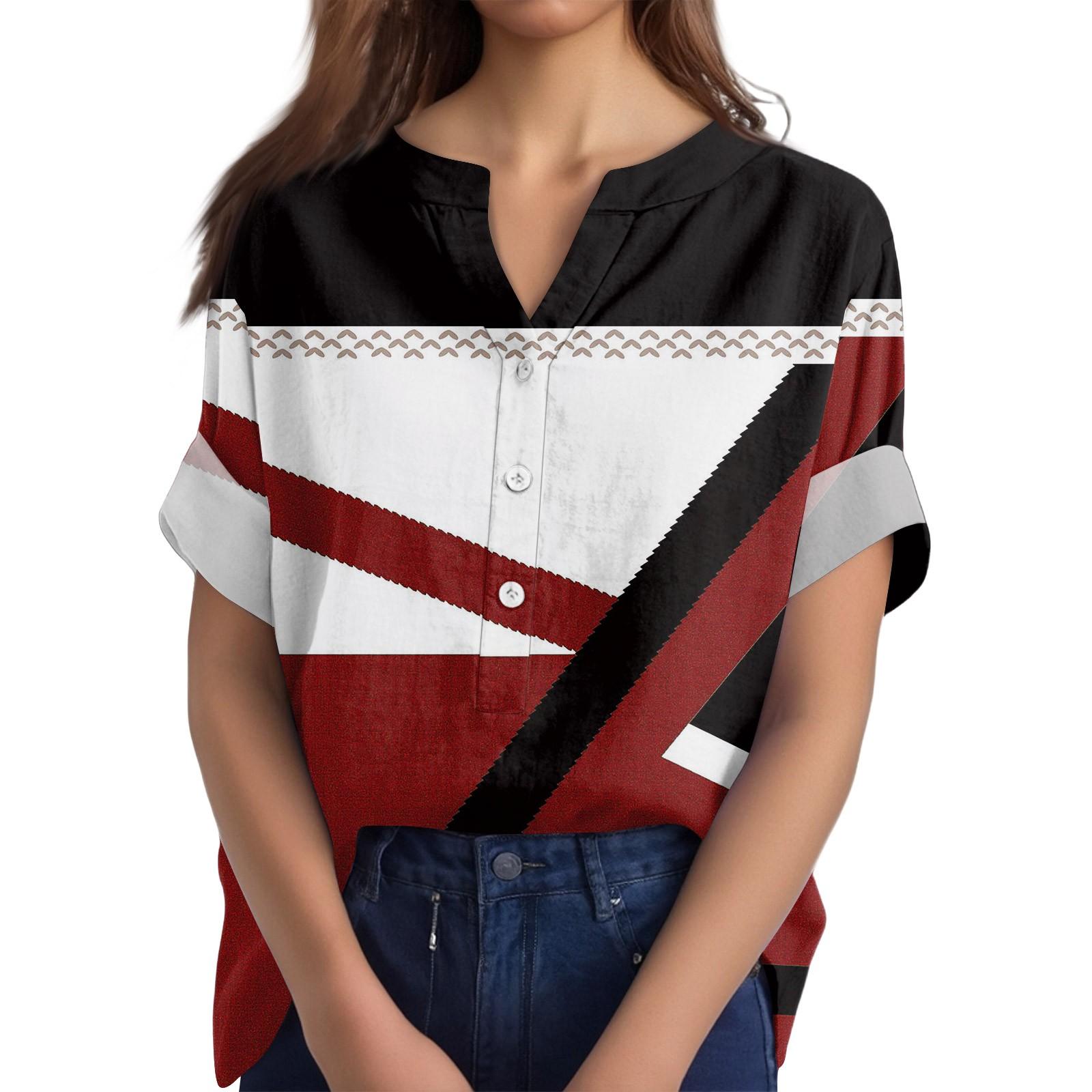 

Жіноча бавовняна лляна футболка з круглим вирізом і короткими рукавами з принтом на ґудзиках XL винний