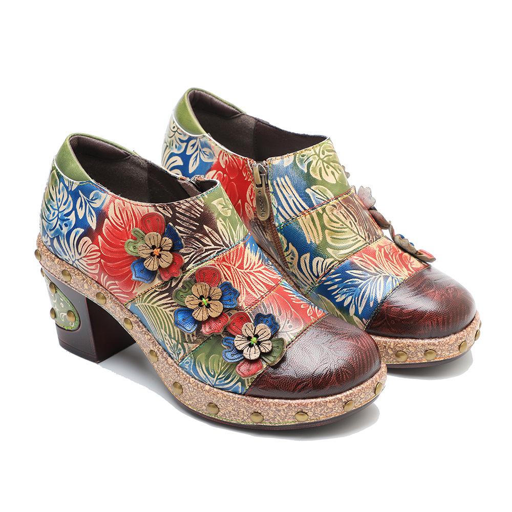 Johnature Zapatos de tacón pintados a mano de cuero genuino para mujer, zapatos de tacón alto con plataforma cómodos Flor Retro
