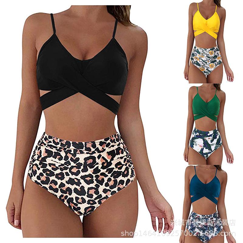 High Waist Leopard Cross Design Sexy Two Piece Bikini Swimsuit Trendy For Beach Holiday