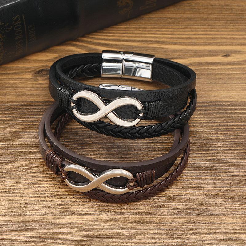 New Genuine Leather Woven Bracelet for Men Infinity Charm Wrap Bracelets Male Hand Jewelry Boho Braided Leather Bracelet Homme