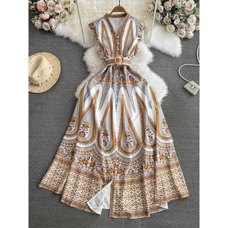 

Ретро платье А-силуэта с рукавами-крылышками на одной пуговице с принтом Brown print 2XL