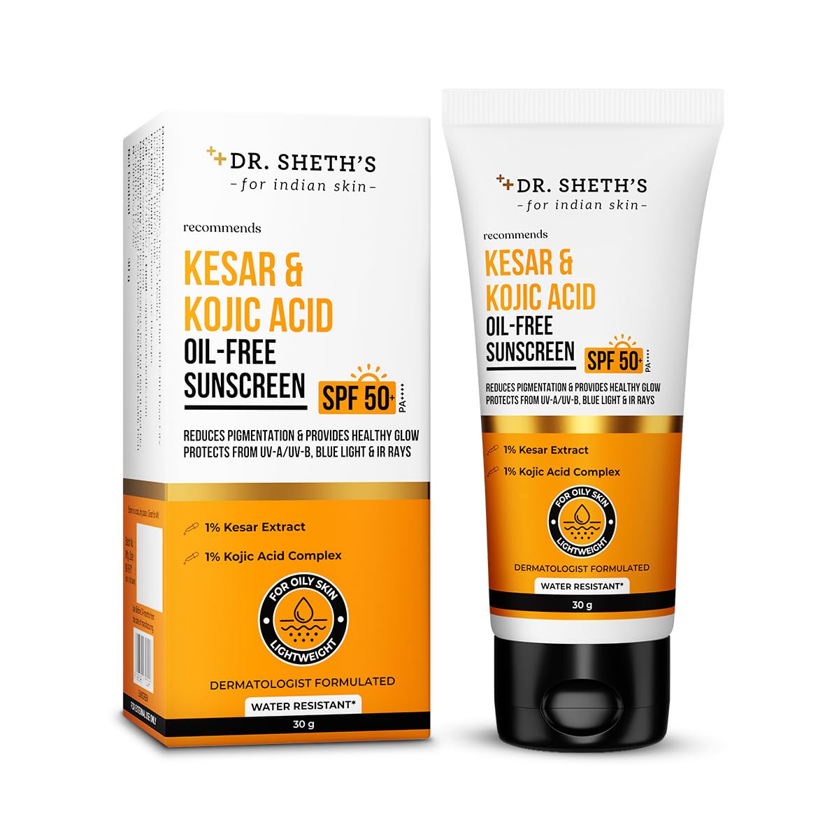

Dr. Sheth s Kesar & Kojic Acid Oil-Free Sunscreen SPF 50+ PA++++ 30 g Pack for Oily Skin Protection