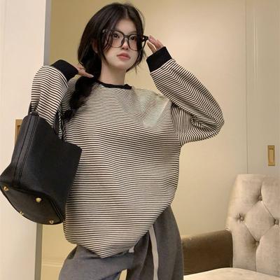 Pull-Over Gestreiftes Langarm-T-Shirt für Damen für Herbst Neu Locker Vielseitig Rundhals Lässiges Studenten-Sweatshirt-Top
